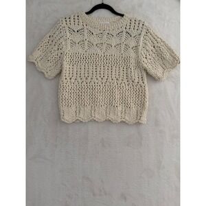 Bluivy Young Contemporary Ivory Crochet Knit Short Sleeve Sweater Top T02318 M